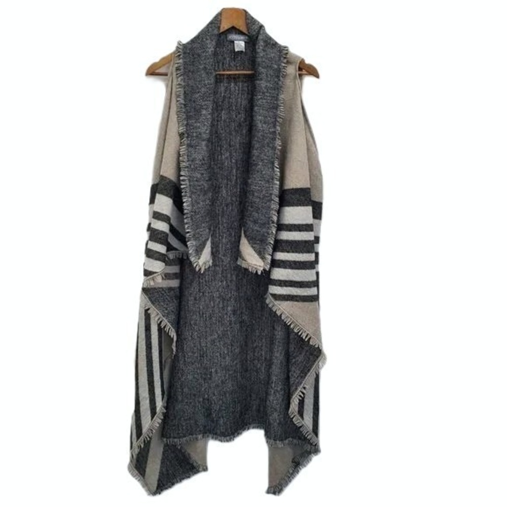 Accessory St Womens One Size Gray‎ Striped Fringe Open Front Cardigan Vest